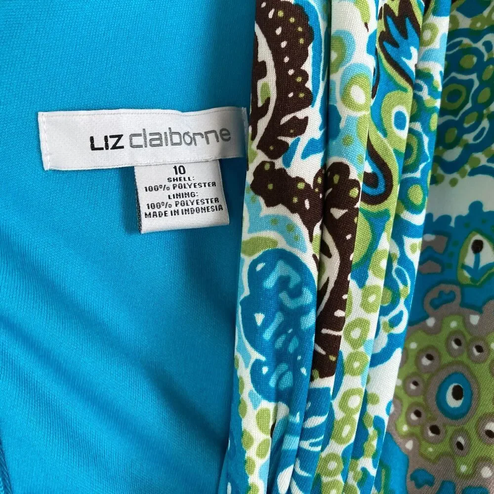 Liz Claiborne A-Line Maxi Dress Size 10 V-Neck High Waist Brown Blue Green